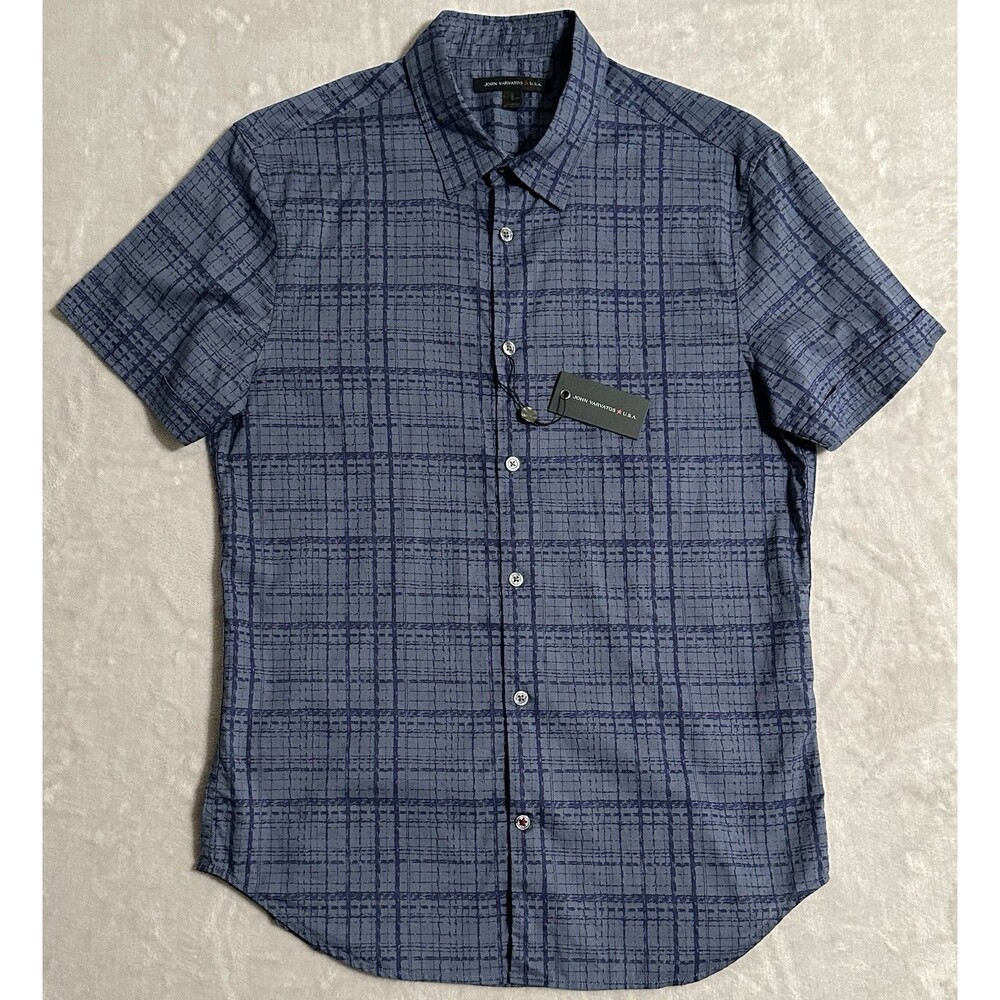 John Varvatos Star USA Mens Small Blue Cotton Distressed Abstract Grid Shirt S